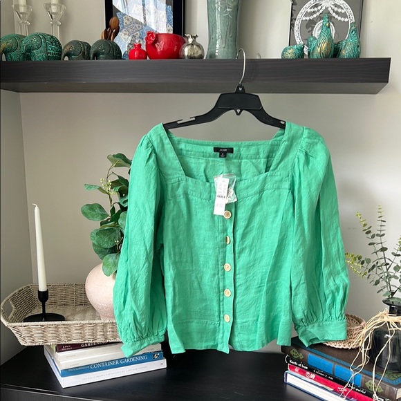 A Brand New J.Crew Linen Green Button-Up Top with Square neckline in size M - Picture 1 of 10